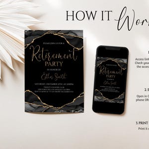 May include: Black and gold retirement party invitation with a marble design. The invitation is displayed on a white surface next to a smartphone showing the same design. The text reads "Retirement Party" and includes event details.