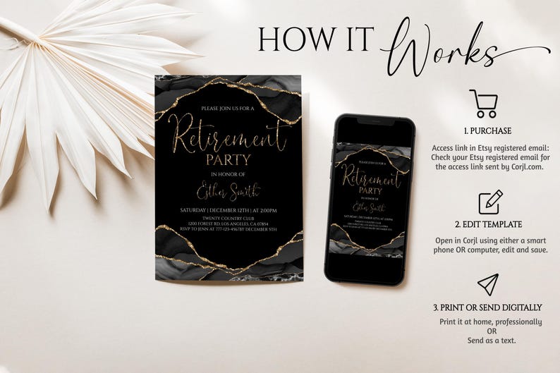 May include: Black and gold retirement party invitation with a marble design. The invitation is displayed on a white surface next to a smartphone showing the same design. The text reads "Retirement Party" and includes event details.
