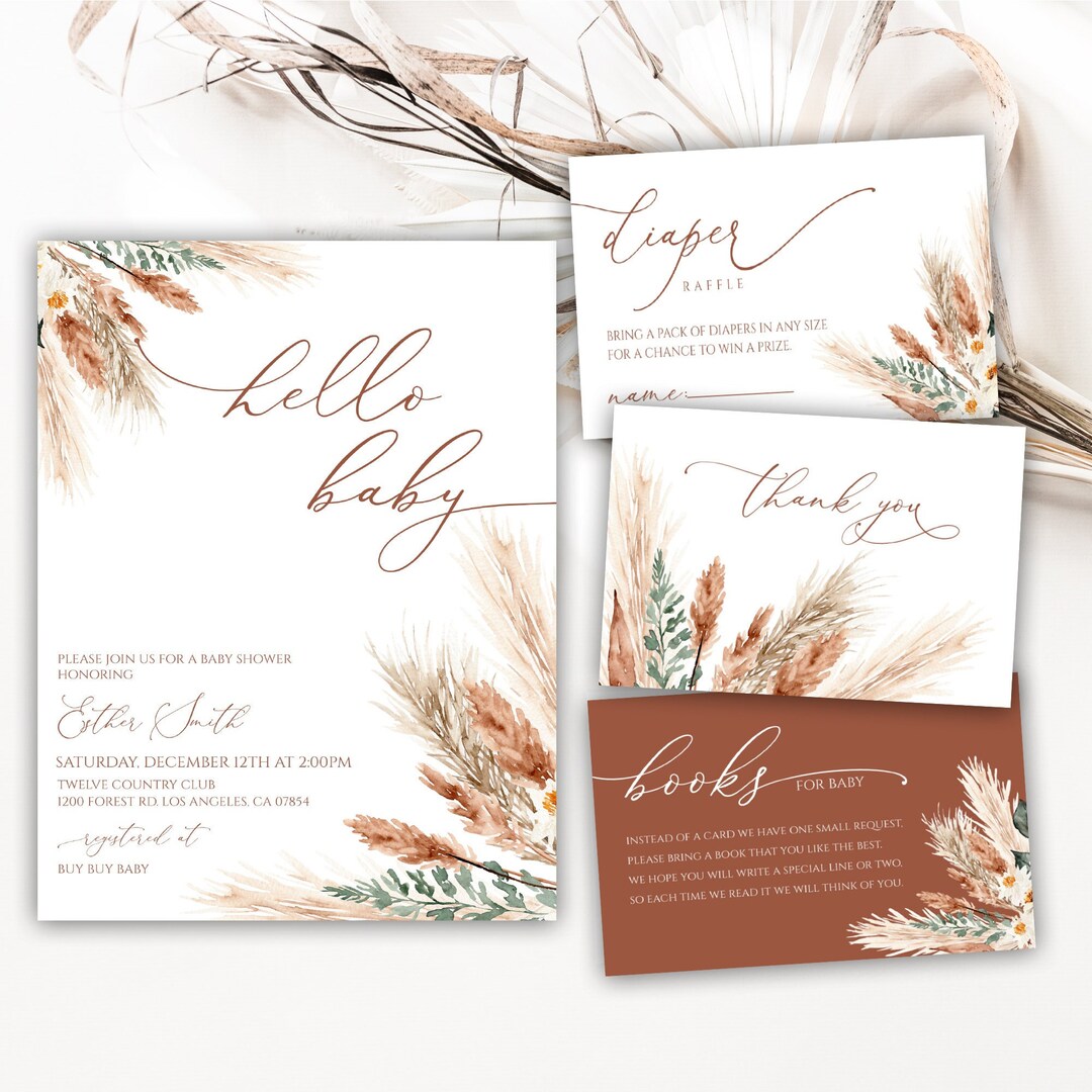 Boho Baby Shower Invitation, Baby Shower Invitation Template, Pampas