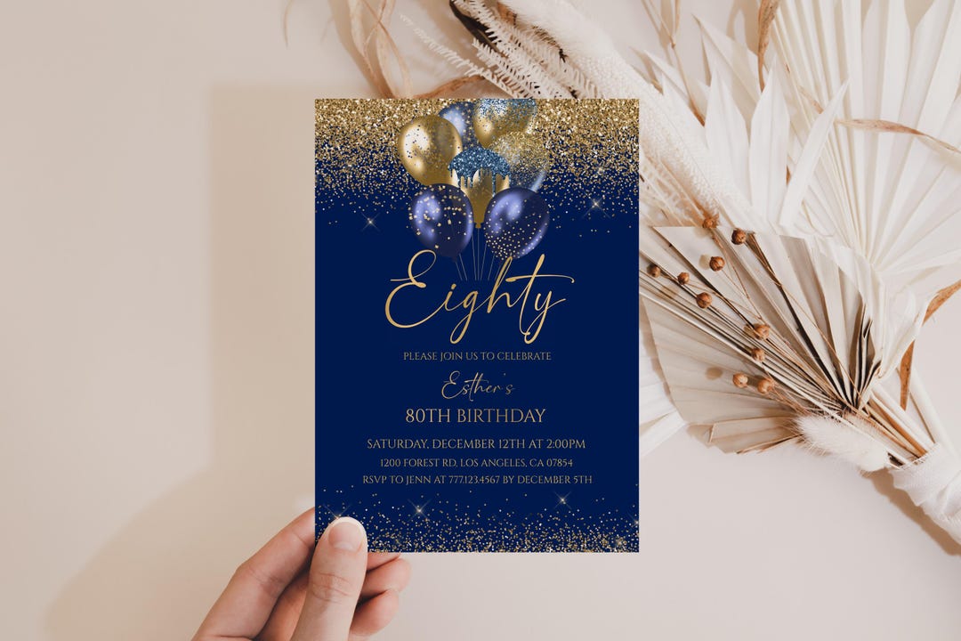 Balloon 80th Birthday Invitation Blue and Gold Party Invite Editable ...