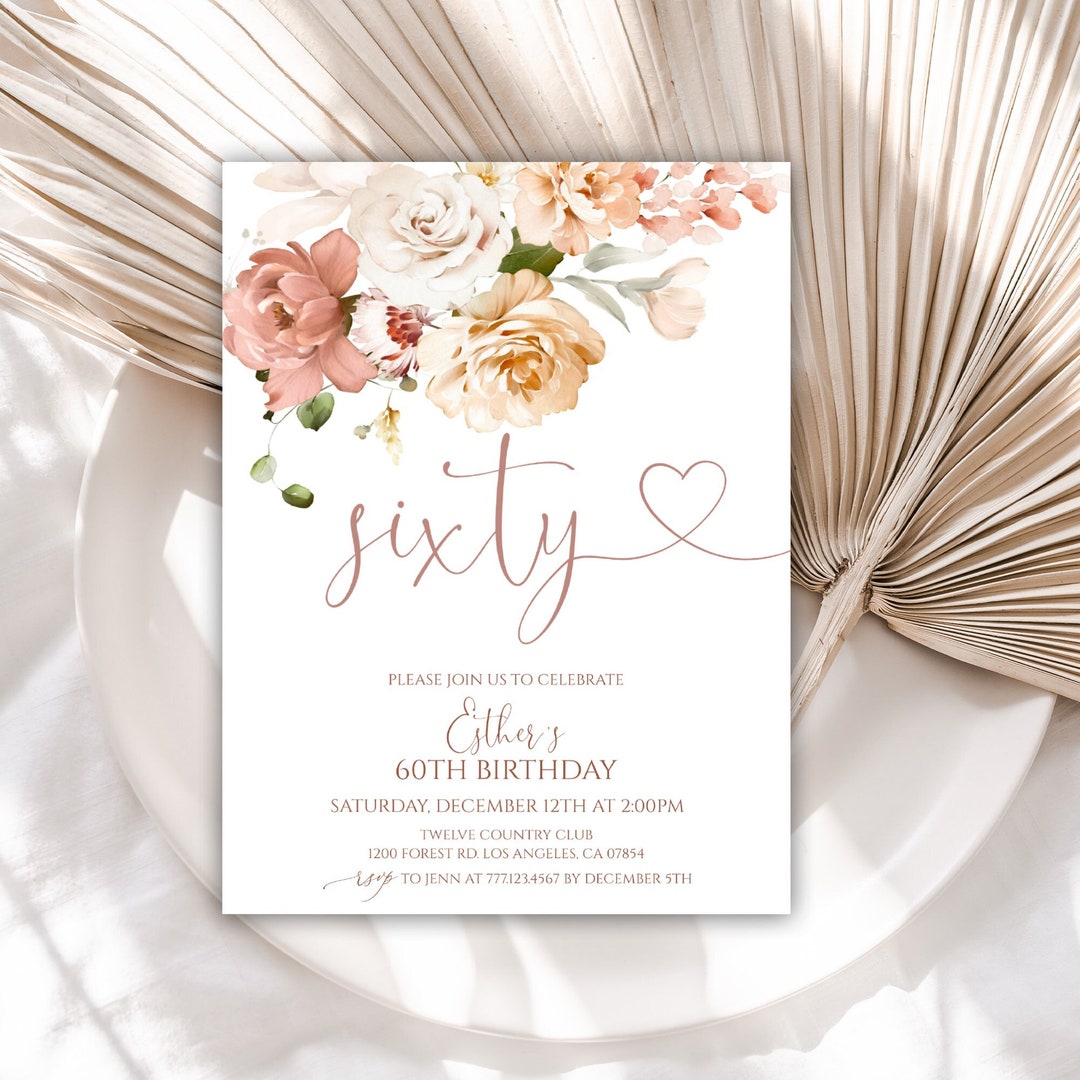 60th Birthday Invitation, Birthday Party Invitations for Women, Floral