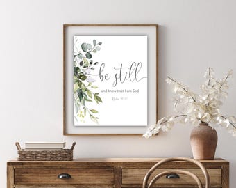 Psalm 46:10 Bible Verse Wall Art Be Still And Know Greenery Scripture Print