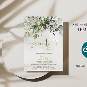 May include: A rectangular birthday invitation template featuring a white background with a watercolor botanical arrangement of green leaves and gold flecks at the top. The text reads seventy, Esther's 70th birthday, and event details.