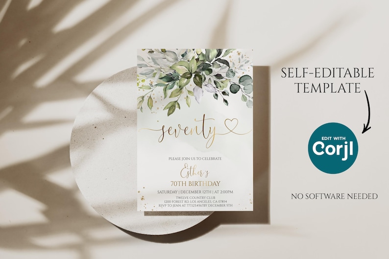 May include: A rectangular birthday invitation template featuring a white background with a watercolor botanical arrangement of green leaves and gold flecks at the top. The text reads seventy, Esther's 70th birthday, and event details.