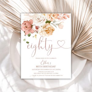 80th Birthday Invitation, Birthday Party Invitations for Women, Floral Birthday Invite for Her, Editable Template, Instant Download, 50BI