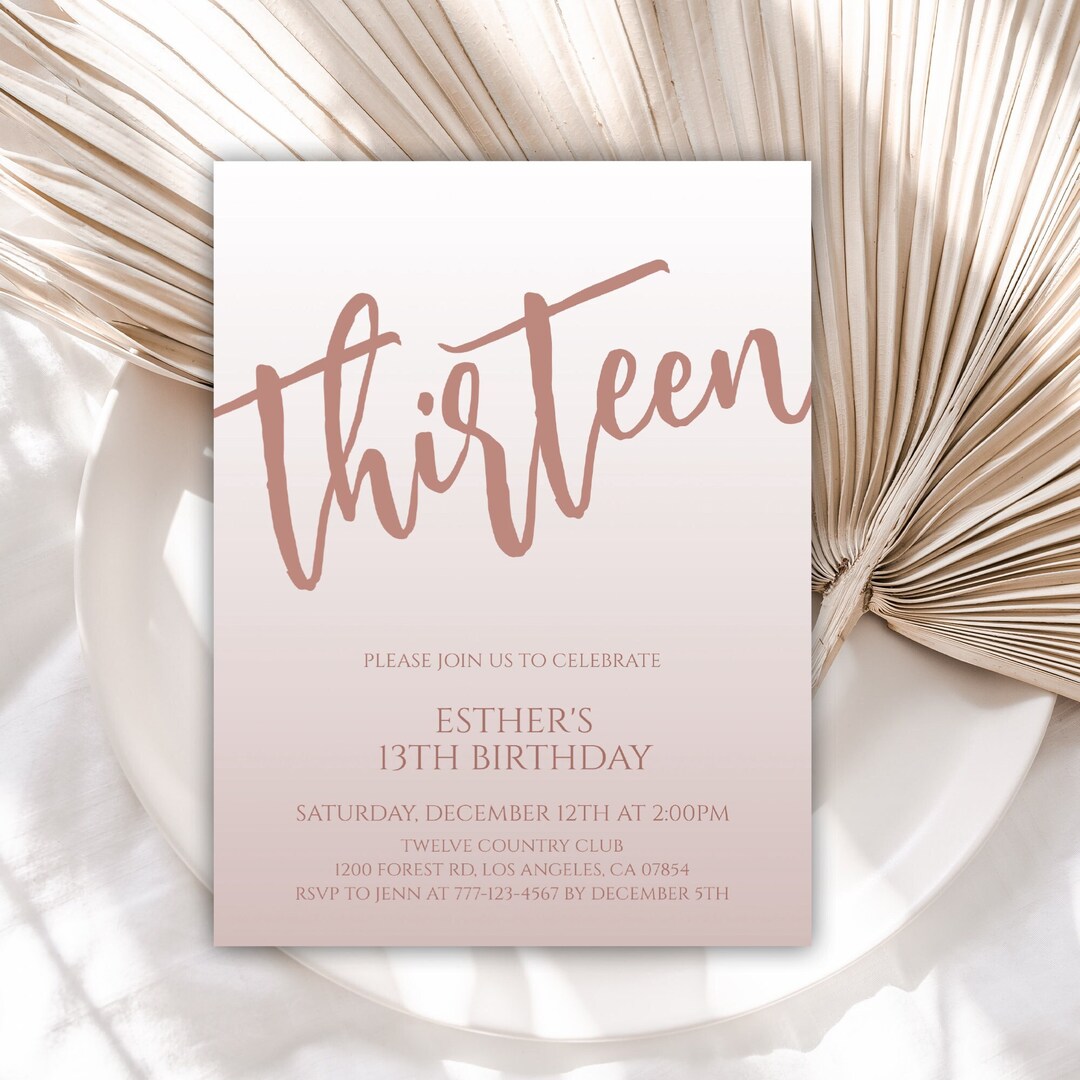 13th Birthday Invitation, Birthday Invitations, Rose Gold Ombre ...