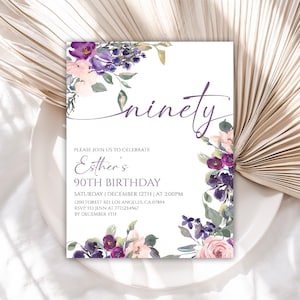 Editable 90th birthday Invitation, Purple Floral Birthday Invitation for Women, Lavender Flower Birthday Invitation, 110BI