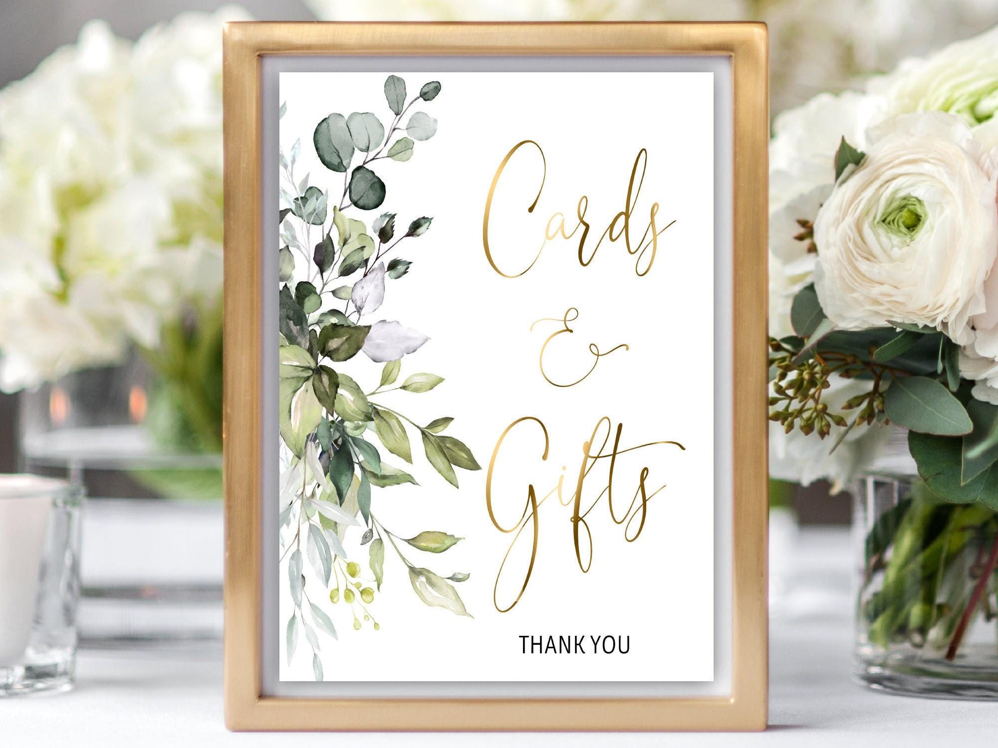 Cards and Gifts Sign, Greenery Cards Sign, Eucalyptus Gift Table Sign, Green and Gold Cards and Gifts, Instant Download, 5B