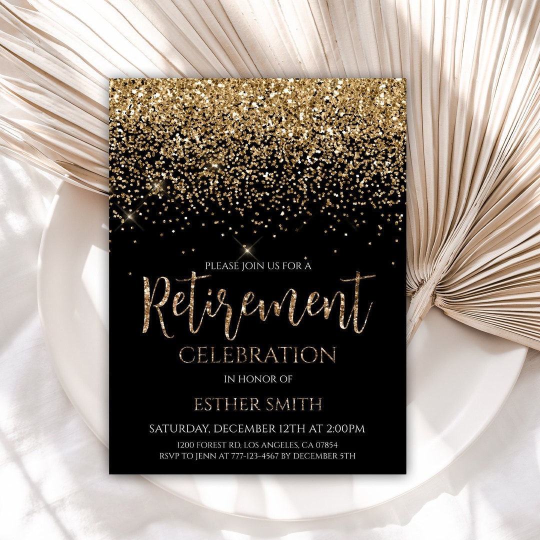 Retirement Invitation, Retirement Party Invitation, Gold Glitter Confetti Invitations, Editable