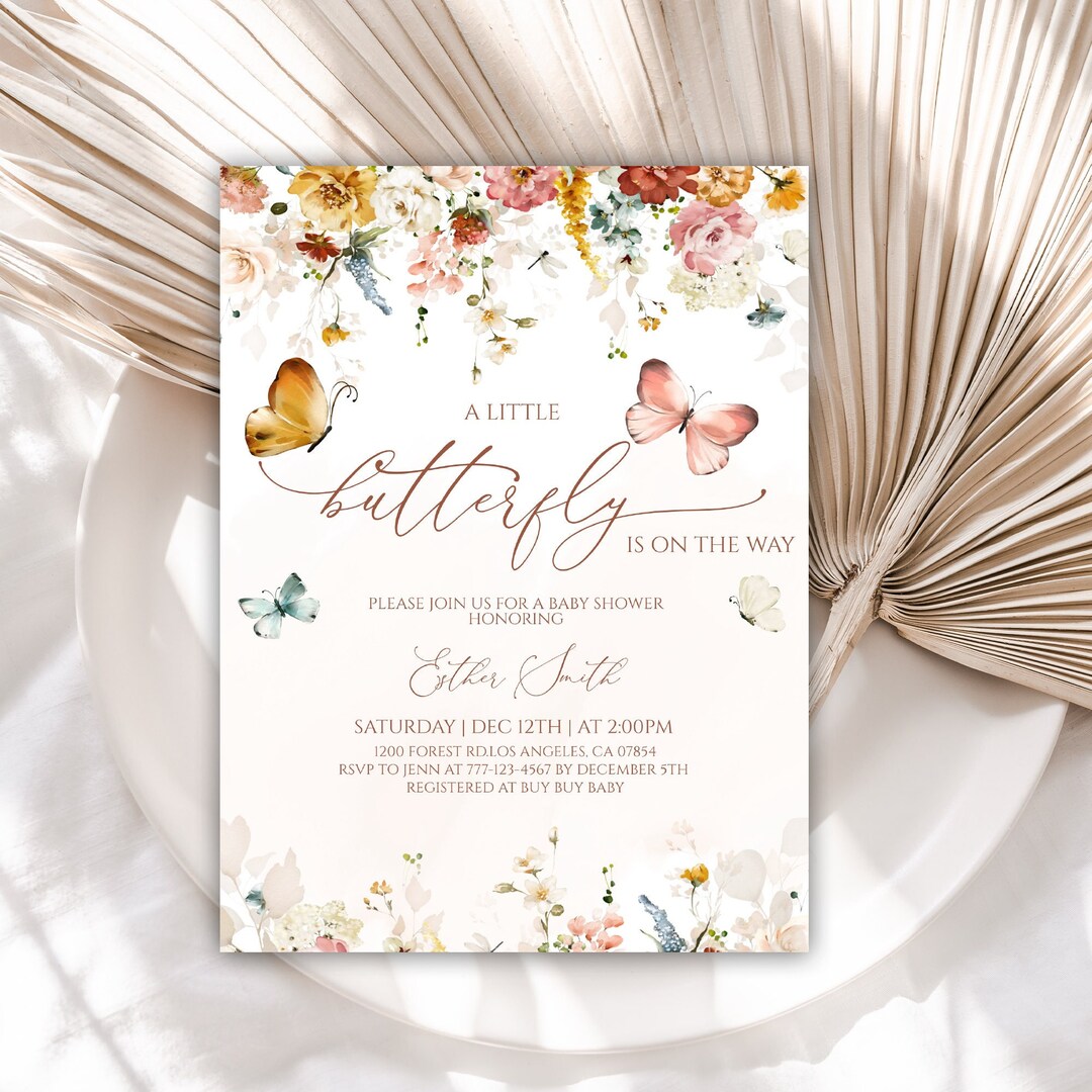Butterfly Baby Shower Invitation, Boho Baby Shower Invite, Wildflower