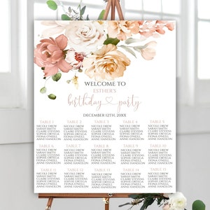 Editable Floral Birthday Seating Chart, Boho Birthday Seating Chart Sign, Birthday Seating Chart Template Decorations Do It Yourself, 50BI