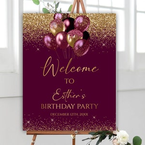 Editable Birthday Welcome Sign, Burgundy and Gold Balloons Birthday Welcome Poster, Glitter Confetti Birthday Decoration, 124BI