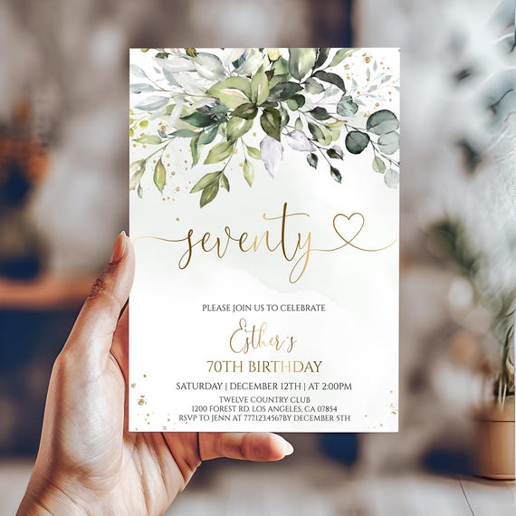 70th Birthday Invitation Greenery Eucalyptus Party Invite Editable Template Instant Download 85BI