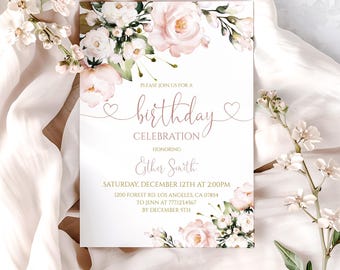 Birthday Invitation for Women Blush Pink Floral Party Invite Editable Any Age Instant Download