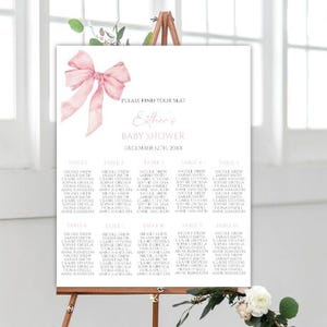 Editable Pink Bow Baby Shower Seating Chart, Ribbon Bow Seating Chart Sign, Bow Girl Seating Chart Template Decor, 88BB