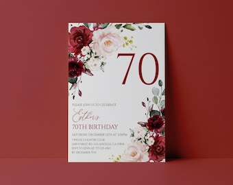 Editable Floral 70th Birthday Invitation Burgundy Party Invite Printable Template Instant Download