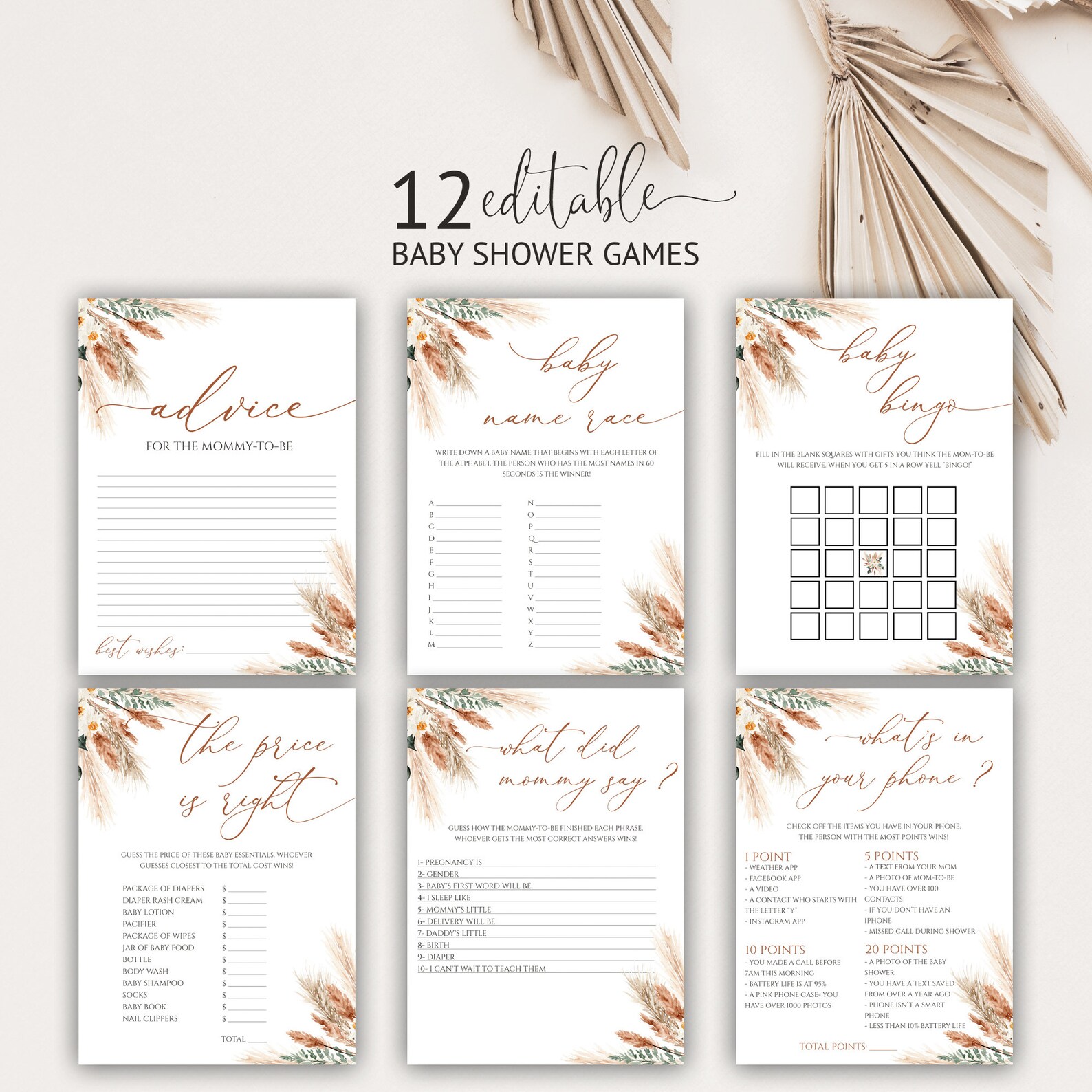 Editable Baby Shower Games Printable, Boho Baby Shower Games Bundle
