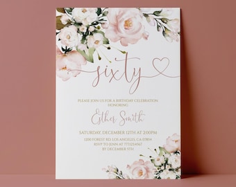 60th Birthday Invitation for Women Blush Pink Floral Editable Party Invite Instant Download