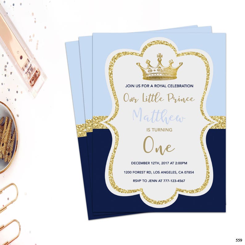 Prince Birthday Invitation Boy Birthday Invitation Blue And Etsy