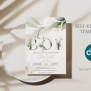 May include: A baby shower invitation with the words "Oh Boy" in gold script and floral accents. The invitation includes the name "Esther Smith", date, time, and location details. The design is a self-editable template.