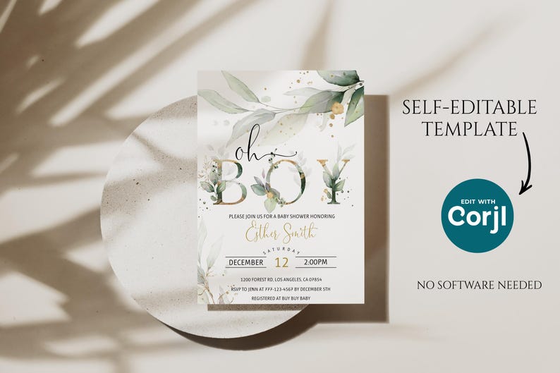 May include: A baby shower invitation with the words "Oh Boy" in gold script and floral accents. The invitation includes the name "Esther Smith", date, time, and location details. The design is a self-editable template.