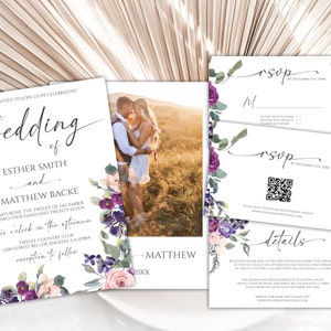 Editable Lavender Floral Wedding Invitation Template, Purple Flower Wedding Invitation Suite, Photo Wedding Invitation Digital Download, 33W