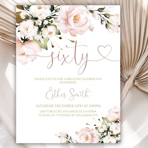 Editable 60th Birthday Invitation, Blush Pink Floral Birthday Invitation, Spring Flowers Birthday Invitation Template, 115BI