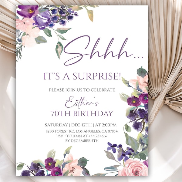 Editable Surprise Birthday Party Invitation, Purple Floral Birthday Invitation, Lavender Flower Birthday Invitation Template, 110BI