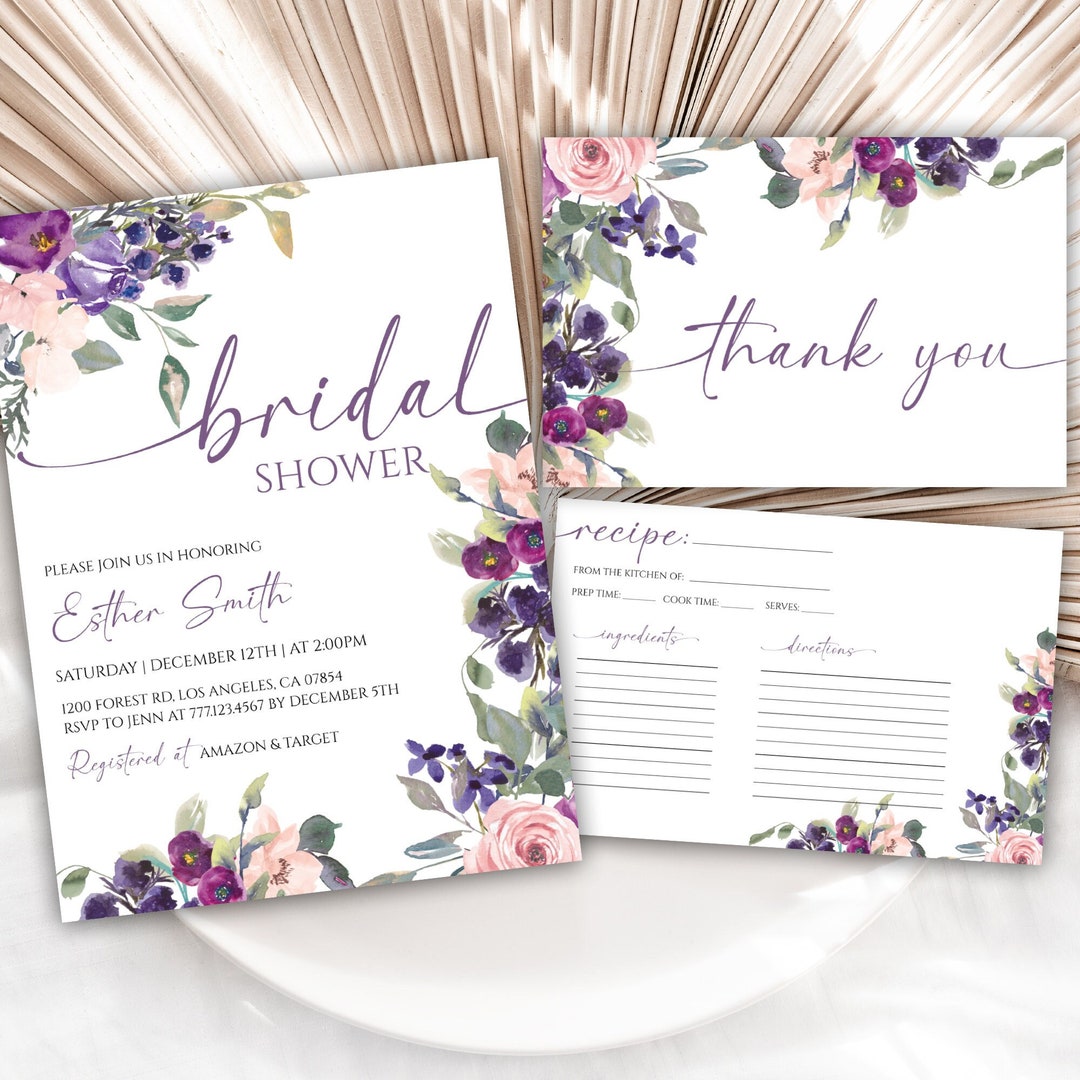 Editable Purple Floral Bridal Shower Invitation Lavender Etsy