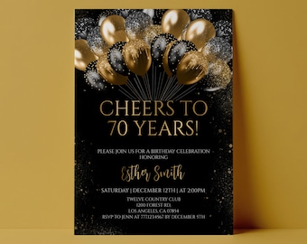 70th Birthday Party Invitation Black Gold Balloon Invite Instant Download Editable Template