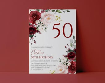 Editable Floral 50th Birthday Invitation Burgundy Party Invite Printable Template Instant Download