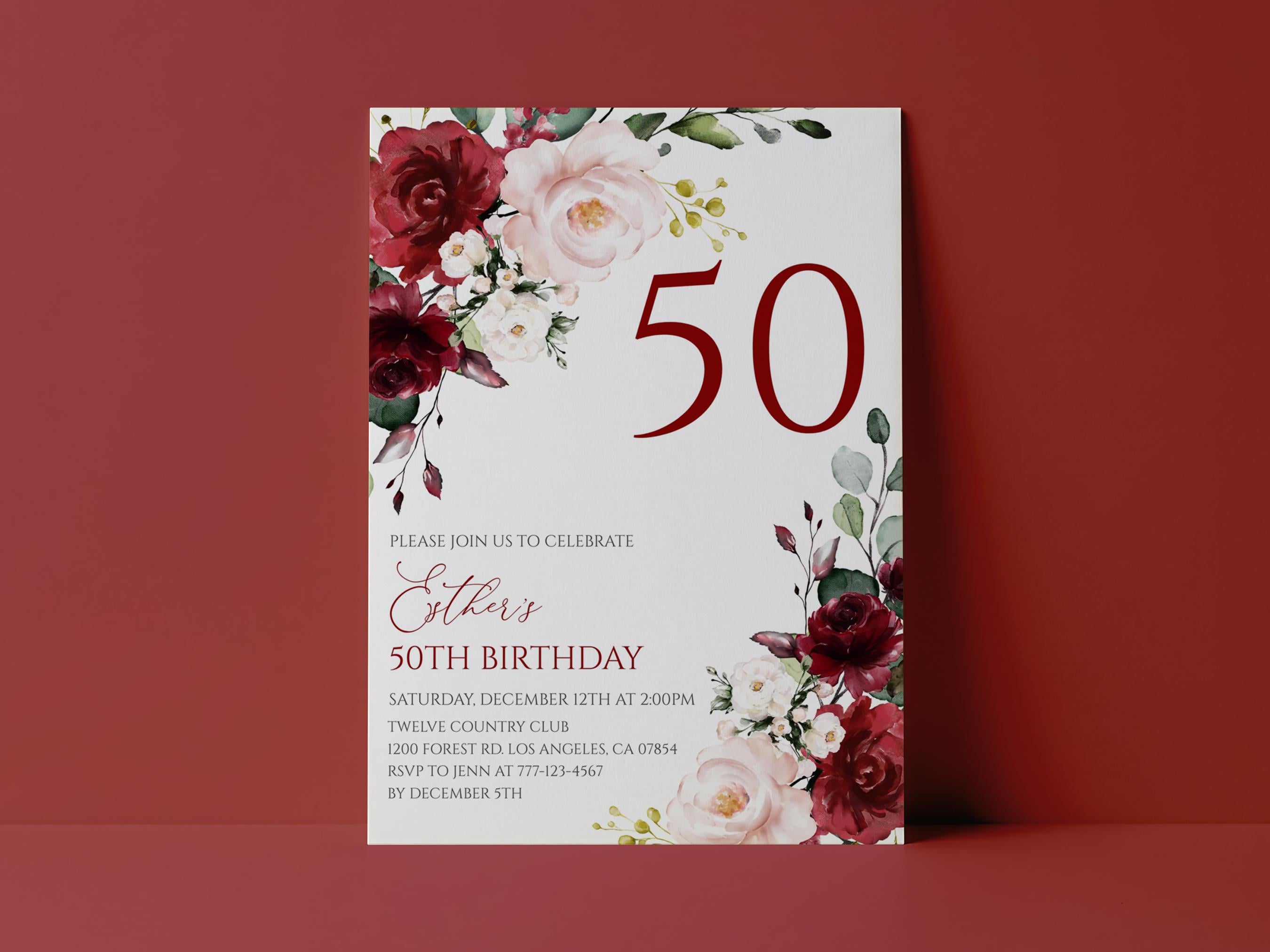 Invitation d'anniversaire 50 ans à motif floral, style bordeaux