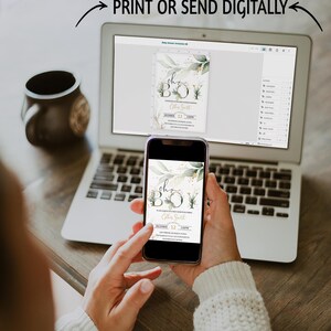 May include: A laptop and smartphone displaying a baby shower invitation with the text "Oh Boy." The invitation features a botanical design with green leaves and gold accents. The text "Mobile or Desktop" and "Print or Send Digitally" are also visible.