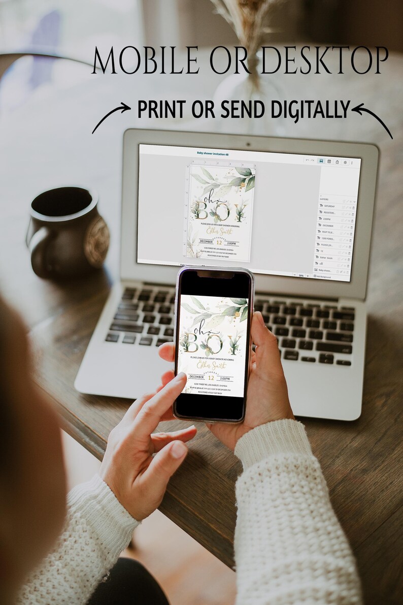 May include: A laptop and smartphone displaying a baby shower invitation with the text "Oh Boy." The invitation features a botanical design with green leaves and gold accents. The text "Mobile or Desktop" and "Print or Send Digitally" are also visible.