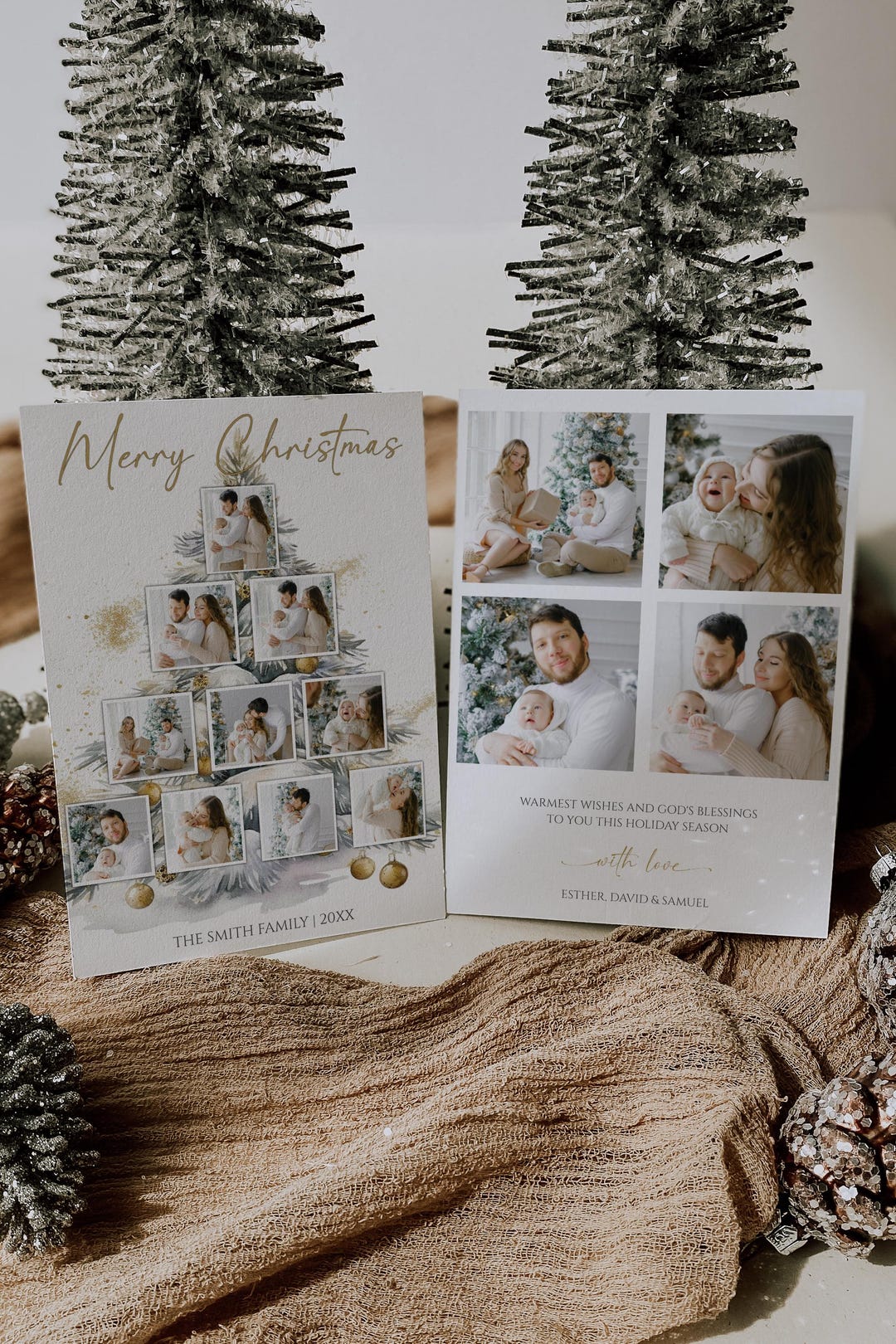 Tree Photo Cards Editable Gold Christmas Tree Photo Card 2025 Family Holiday Template ...