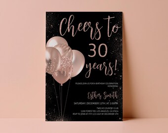 30歳の誕生日招待状 ローズゴールドバルーンパーティー招待状 女性向け 編集可能 即時ダウンロード