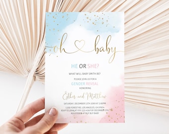 Gender Reveal Invitation Oh Baby Pink Blue Editable Instant Download gr01