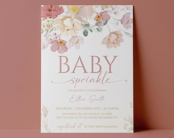 May include: A rectangular invitation card featuring a watercolor floral arrangement in shades of dusty rose, cream, and sage green at the top. The text reads BABY sprinkle, PLEASE JOIN US IN HONORING Esther Smith, SATURDAY | DECEMBER 12TH | AT 2:00PM, 1200 FOREST RD. LOS ANGELES, CA 07854, RSVP TO JENN AT 777-123-4567 BY DECEMBER 5TH, registered at BUY BUY BABY & AMAZON.