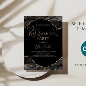 May include: A black retirement party invitation with gold accents and text. The invitation includes the words "Retirement Party" and the name "Esther Smith". The invitation is a self-editable template.