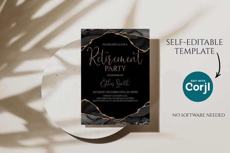 May include: A black retirement party invitation with gold accents and text. The invitation includes the words "Retirement Party" and the name "Esther Smith". The invitation is a self-editable template.