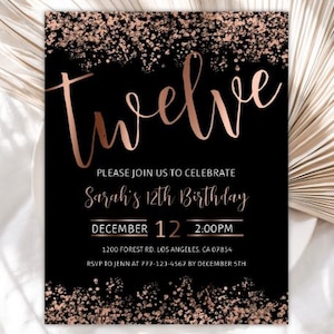 Editable Rose Gold Confetti 12th Birthday Invitation, Rose Gold Birthday Invite, Rose Gold Twelve Birthday Dinner Invitation, 159BI