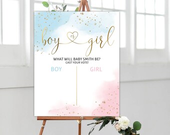 Watercolor Gender Voting Poster Template, Printable Gender Voting Sign, Blue or Pink, Boy or Girl, He or She, Gold Baby Confetti, gr01