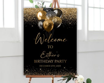 Editable Birthday Welcome Sign, Black and Gold Balloons Birthday Welcome Poster, Glitter Confetti Birthday Decoration, 122BI