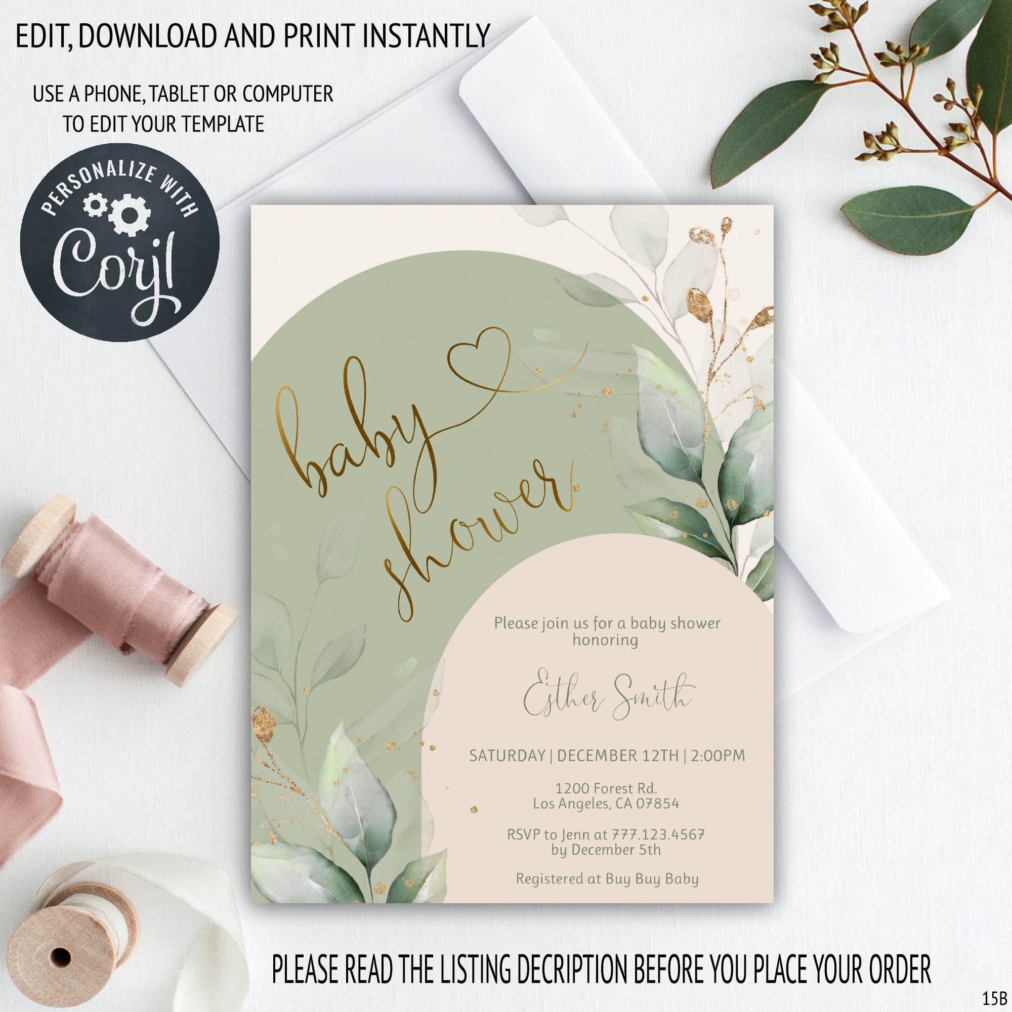 Sage Green Boho Arch Baby Shower Invitation Set Greenery Baby Etsy