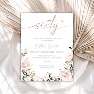 Editable 60th Birthday Invitation, Floral 60th Birthday Invitation for women, Garden Flowers 60th Birthday Invitation Templates, 121BI