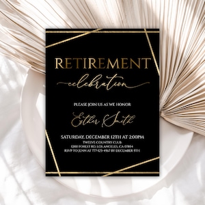 Edytowalny szablon zaproszenia na emeryturę, czarno-złote zaproszenie na przyjęcie emerytalne, do pobrania natychmiast, cyfrowe, 30RI