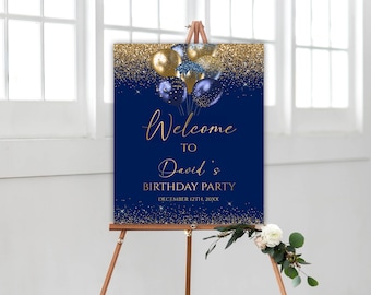 Verjaardag welkomstbord blauw gouden ballonnen Bewerkbare Instant Download 126BI