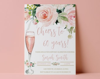 60th Birthday Invitation for Women Pink Floral Party Invite Editable Template Instant Download