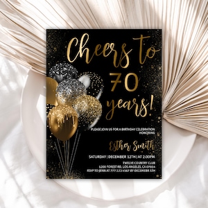 70th Birthday Invitation, Birthday Invitations, Black and Gold Glitter Balloons Birthday Invite, Cheers to 70 Years, Editable Template, 53
