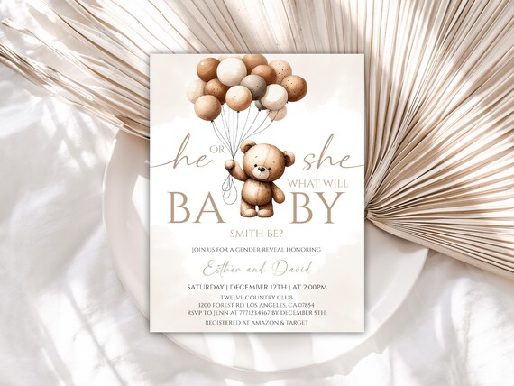 Editable Bear Balloons Gender Reveal Invitation, Teddy Bear Neutral Gender Reveal Invitation, He or She Gender Reveal Invitation, 54BB